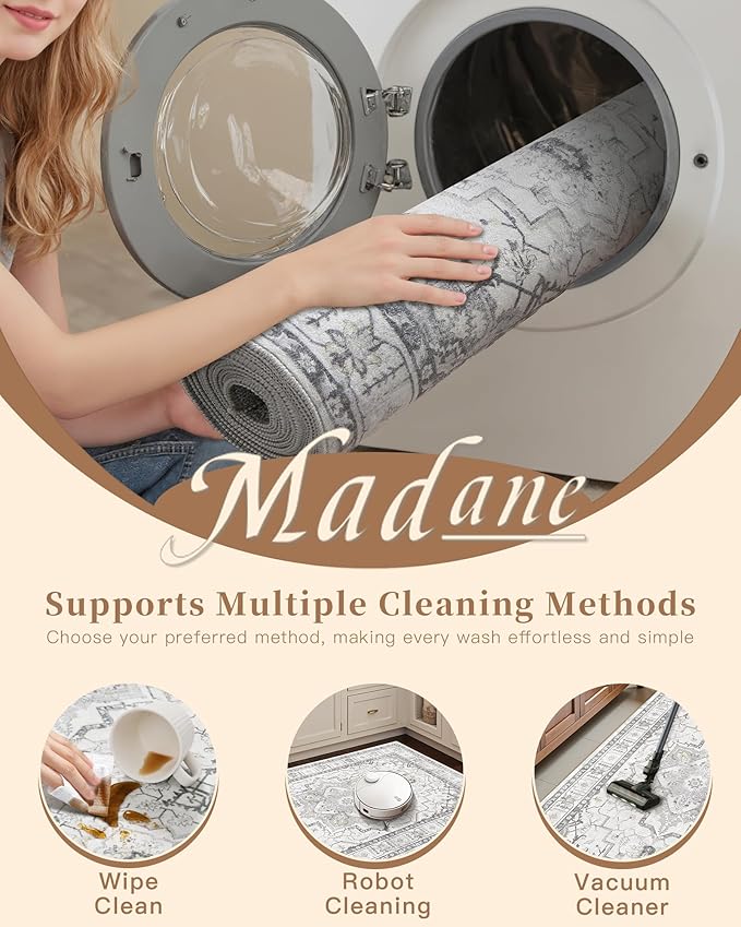 Madane Runner Rug 2'6''x8' Kitchen Runner, Hallway Runner Printed Vintage Rug 2.5x8ft Washable Rugs Soft Non-Slip Low Pile Runners for Hallways Laundry Room Rug, Grey
