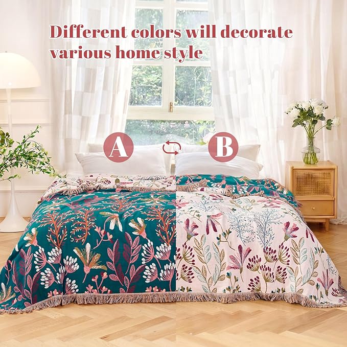 MSGKV Boho Throw Blanket for Bed 60"x80" Floral 100% Cotton Couch Blanket Spring Breathable Lightweight Farmhouse Flower Twin Size Blankets for Sofa Home Decor Muslin All Seasons