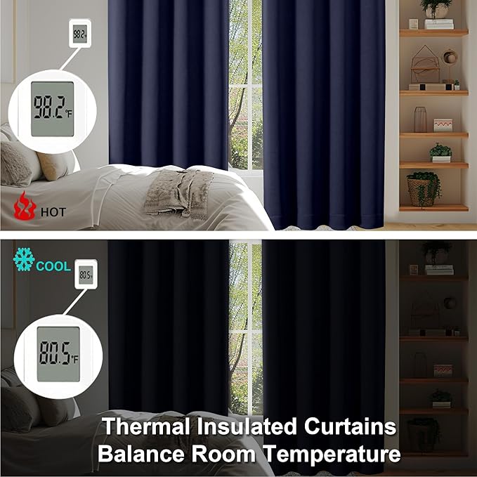 Simplebrand Ava Navy Blue Blackout Curtains for Bedroom 90 Inches Long 2 Panels Set, Solid Privacy Energy Saving Living Room Window Treatment Curtains Blackout Drapes, W50 x L90 Inch, Navy Blue