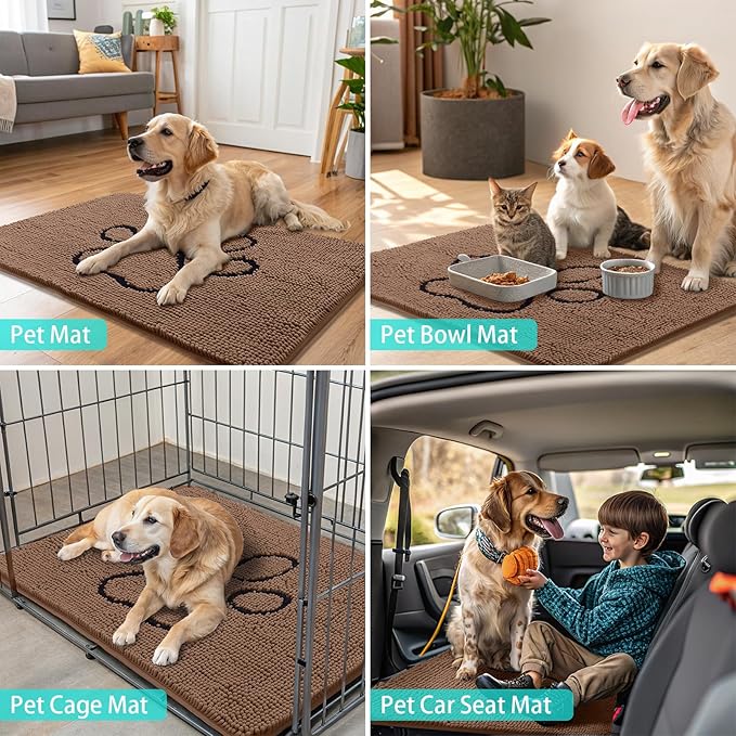 Smiry Dog Door Mat for Muddy Paws, Absorbent Dirt Trapper Non Slip Quick Dry Washable Chenille Mat for Mud Dogs, Entry Rug for Indoor and Outdoor (30x20 Inches, Camel and Black)
