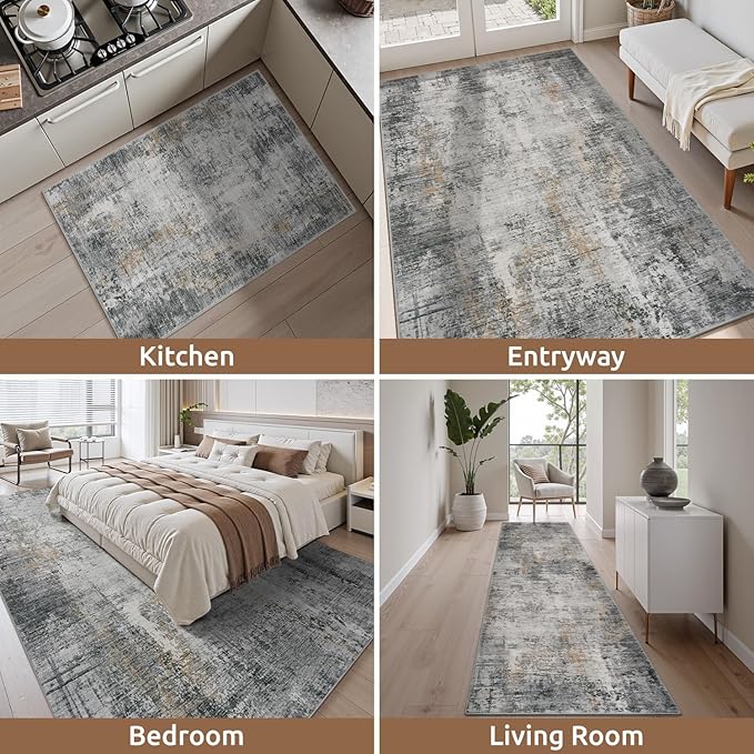 3 x 5 Rug Small Non Slip Area Rug Ultra Soft Machine Washable Low Pile Modern Abstract Area Rugs for Bedroom Living Room Entryway Kitchen Bedside, Grey