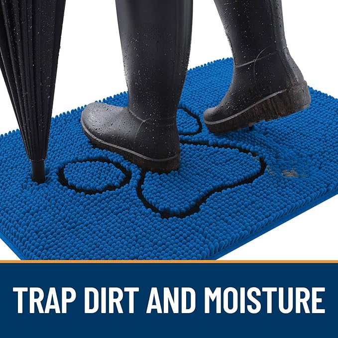 OLANLY Dog Door Mat for Muddy Paws 30x20, Paw Print Design, Absorbs Moisture and Dirt, Non-Slip Washable Doormat, Quick Dry Chenille Mud Mat for Dogs, Entry Indoor Entryway Carpet, Deep Navy Blue