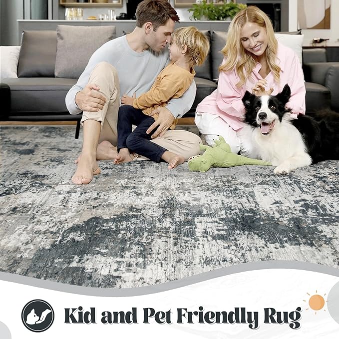 9x12 Area Rug for Living Room, Washable Modern Abstract Large Area Rug Neutral Soft Non Slip Kids Rug Stain Resistant Indoor Carpet for Bedroom Dining Room Playroom Office(GreyWhite, 9'x12')