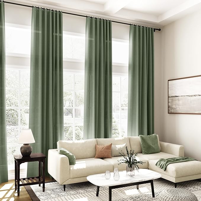 Nanspring Olive Green Linen Curtains for Living Room 2 Panels Set 95 Inch Length Back Tab Light Filtering Semi Sheer Curtain Drapes for Bedroom 52x95
