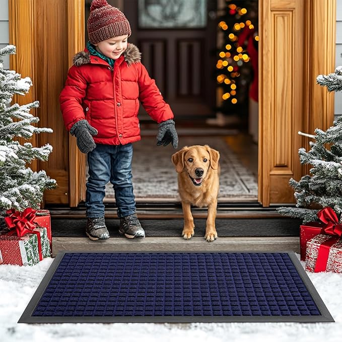 Smiry Front Door Mat Outside Entrance, Heavy Duty Natural Rubber Doormat, Non Slip, Trap Dirt and Moisture, Easy Clean, Low Profile Welcome Floor Mats for Indoor Outdoor Entry, 59x23 Inch, Navy Blue