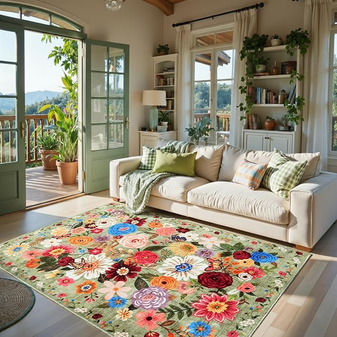 Floral Washable 6x9 Area Rugs Green, Soft Bedroom Rug for Living Room Ultra-Thin Non Slip Dining Room Rug, Stain Resistant Rugs Easy Clean Throw Carpet for Office(6 x 9, Green Garden)