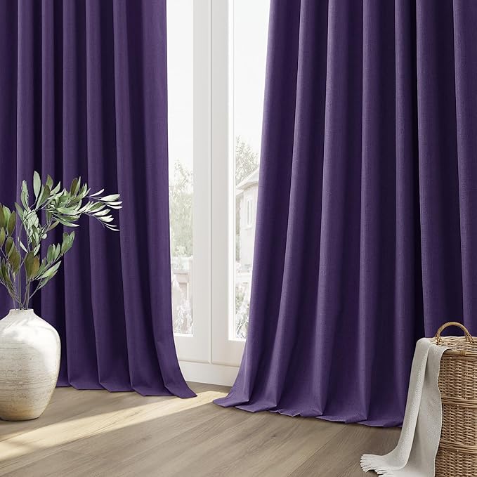 Guken New Purple 100% Blackout Linen Curtains 96 Inch Length 2 Panels Set for Living Room Bedroom Back Tab/Rod Pocket Thermal Insulated Farmhouse Black Out Drapes Room Darkening,52x96