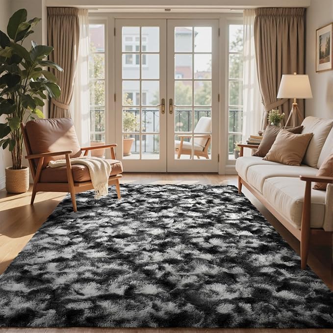 6x9 Ft Large Shag Rugs for Living Room Decor, Tie-Dyed Ultra Soft Fluffy Furry Area Rugs for Bedroom Indoor Floor, Aesthetic Carpet for Kids Home (Black Grey)