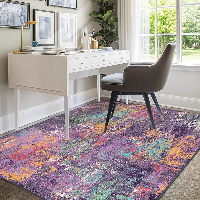 Washable Area Rugs 7'x9' Non-Slip Modern Abstract Soft for Living Room Entryway Bedroom Nursery, Print Pattern, Purple Orange Blue Green Rust Red Colorful
