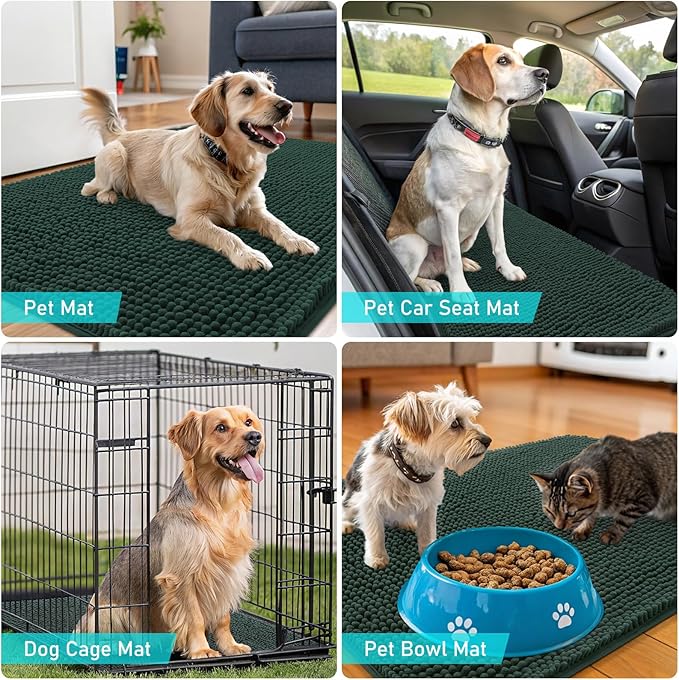 OLANLY Dog Door Mat for Muddy Paws 32x20, Absorbs Moisture and Dirt, Absorbent Non-Slip Washable Doormat, Quick Dry Chenille Mud Mat, Entry Indoor Entryway Carpet for Inside Floor, Blackish Green
