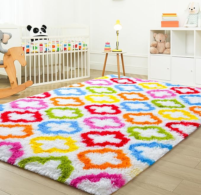 Tepook Fluffy Colorful Rug for Kids, Shaggy Soft Rainbow Area Rugs for Girls Bedroom, Indoor Modern Geometric Moroccan Rugs Plush Girls Kids Rug for Playroom Teens Room Nursery Home Decor, 3 X 5 ft
