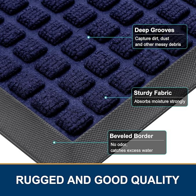 Smiry Front Door Mat Outside Entrance, Heavy Duty Natural Rubber Doormat, Non Slip, Trap Dirt and Moisture, Easy Clean, Low Profile Welcome Floor Mats for Indoor Outdoor Entry, 47x23 Inch, Navy Blue