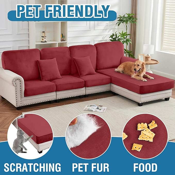 Couch Cover Velvet Chaise Cushion Cover for Sectional Sofas - Elastic L-Shaped Sofa Seat Covers Washable, Slipcover Protector (1-Piece, Christmas Red)