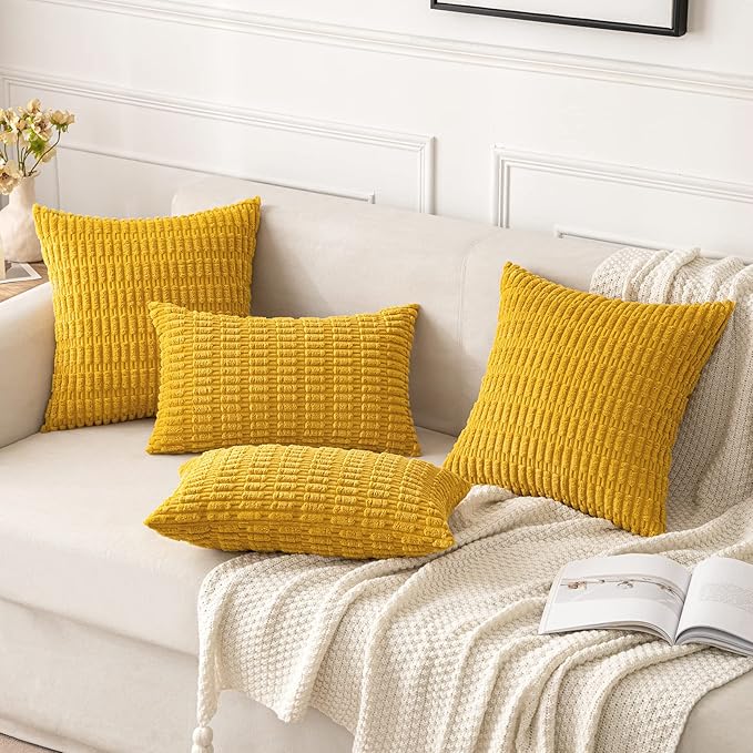 MIULEE Pack of 2 Corduroy Decorative Euro Sham Throw Pillow Covers 22x22 Inch Soft Boho Striped Pillow Covers Modern Farmhouse Home Decor for Summer Sofa Living Room Couch Bed Mustard Yellow