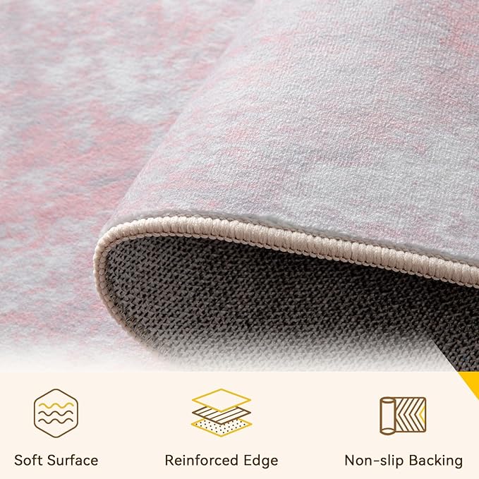 Washable Area Rugs 2'x10' Non-Slip Modern Abstract Soft for Living Room Entryway Bedroom Nursery, Print Pattern, Grey Pink