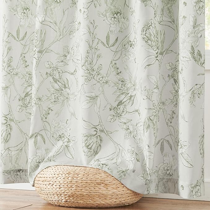 jinchan Floral Curtains 96 Inches Long Sage Green Flower Linen Farmhouse Curtain for Living Room French Country Vintage Curtain Rod Pocket Curtains Set 2 Panels Floral Printed