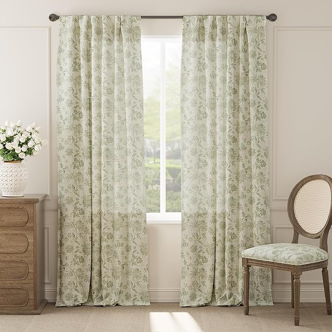 jinchan Linen Floral Curtains for Living Room with Printed Flower 96 Inches Long Light Filtering French Country Back Tab Rod Pocket Sage Green Window Curtain Set Farmhouse Drapes 2 Panels