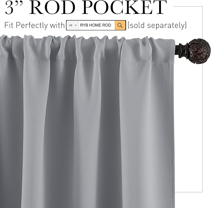 RYB HOME Blackout Cafe Curtains 30 inch Length, Short Light UV Heat Blocking Energy Saving Privacy Curtain Tiers for Basement Bathroom Kitchen Window, Width 29 by Length 30, Silver Grey, 2 Panels