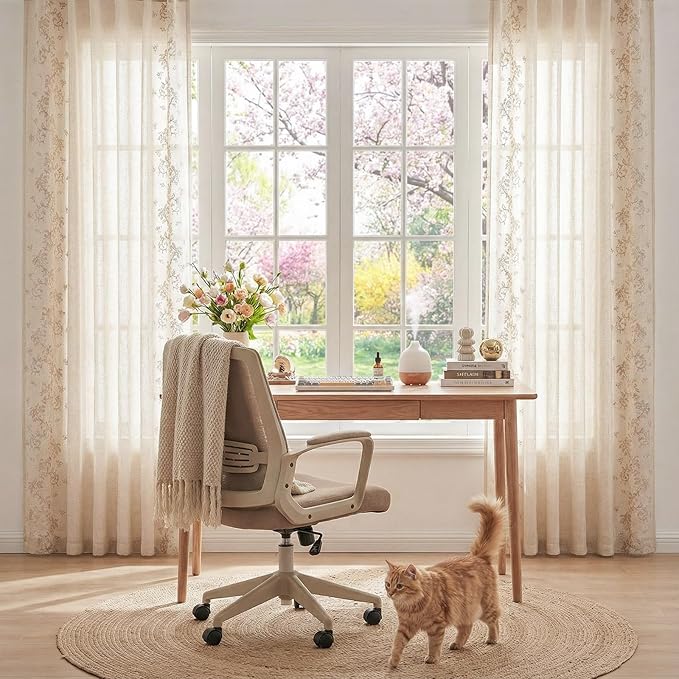 jinchan Evelyn Embroidered Linen Curtains for Living Room Elegant Farmhouse Decor Beige Floral Curtains Semi Sheer Light Filtering Window Drapes for Bedroom Rod Pocket Back Tab 2 Panels W50 x L84