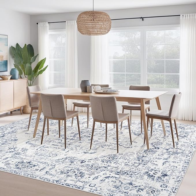 9x12 Area Rugs for Living Room: Washable Rug Vintage Large Rugs Soft Non Slip Low Pile Rug Floral Distressed Floor Carpet for Bedroom Dining Room Home Office (Blue,9'x12')