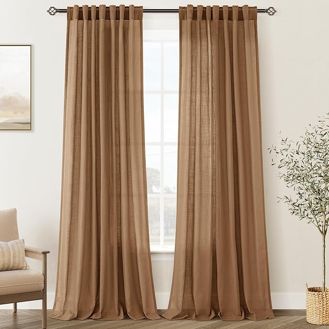 Brown Curtains for Living Room Back Tab Modern Farmhouse Semi Sheer Curtains 102 inches Long 2 Panels Set Muted Neutral Window Curtain for Dining Room Bedroom 52x102