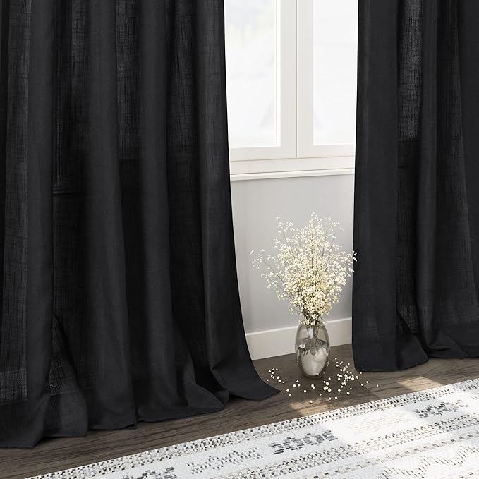 Nanspring Black Semi Sheer Linen Curtains 72 inch Length for Living Room Back Tab Rod Pocket Modern Farmhouse Coastal Decor Cotton Textured Gauze Curtains for Dining Room Office 52x72