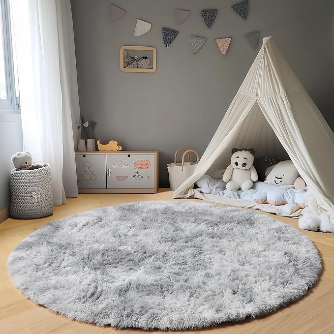 ONASAR Tie-Dyed Light Grey Round Area Rugs 6ft, Ultra Soft Bedroom Circle Rug for Kids Girls Boys Teen Room, Fluffy Plush Shaggy Carpet Floor Mats for Dorm Nursery Living Room Playroom Home Decor