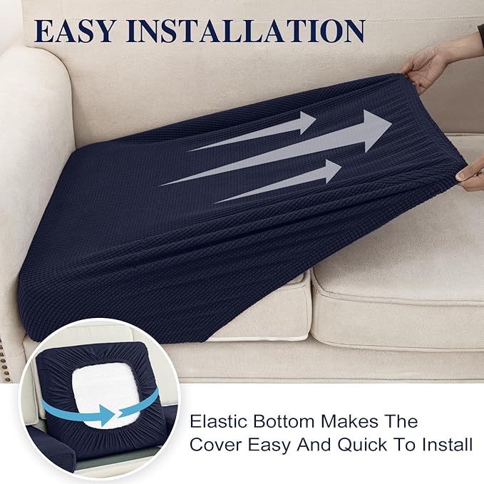 Couch Cushion Cover for Chaise Lounge & Sofa (Washable, Stretch, Separate Seat, 1 Piece for Chaise or Sofa 3-Seater, Navy)