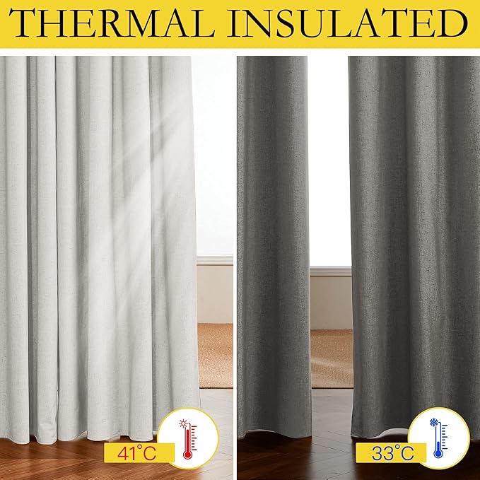NICETOWN 100% Absolutely Blackout Linen Curtains with Thermal Insulated White Liner, Ivory, 52" Wide, 2 Pieces, Privacy Vertical Window Drapes for Office Laundry Living Room Windows 84 inch Long