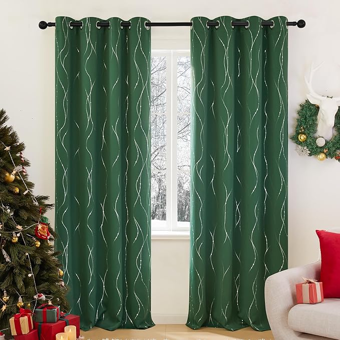 Deconovo Green Curtains, Christmas Blackout Drapes, Thermal Insulated Soundproof Drape, Wave Line Dot Foil Print, 52 x 95 Inch, 2 Panels, Machine‑Washable Window Panel for Living Room Kitchen Nursery
