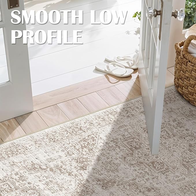 4x12 Washable Hallway Runner Rug - Wide Kitchen Runners Vintage Low Pile Carpet Soft Thin Floor Runner with Rubber Backing for Entryway Bedroom Living Room Home Decor (Cream/Camel)