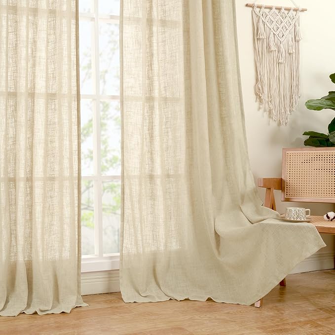 LAMIT Natural Linen Curtains 95 Inch for Living Room, Back Tab and Rod Pocket Linen Textured Semi Sheer Curtains Light Filtering Drapes for Bedroom/French Door, Set of 2, 52 x 95 Inch, Linen