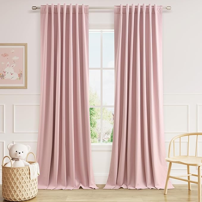 Guken Pink 100% Blackout Linen Curtains 108 Inch 2 Panels Set for Girl's Bedroom, Living Room, Nursery, Back Tab/Rod Pocket Thermal Insulated Black Out Drapes Room Darkening Farmhouse Window Curtains