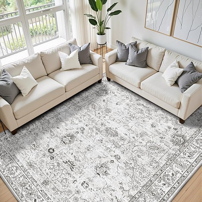 Grey White Area Rugs 10x14 Living Room, Non Slip Machine Washable Floral Rugs, Low Pile Lightweight Large Rug for Bedroom, Dining Room, Home Office(10 x 14, Grey White)