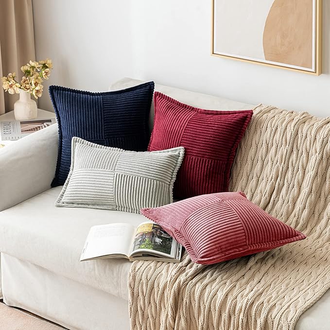 MIULEE Decorative Throw Pillow Covers for Couch Bed Livingroom 16x16 Inch Set of 2 Cranberry Red Boho Accent Throw Pllows Broadside Striped Patchwork Soft Corduroy Pillowcases