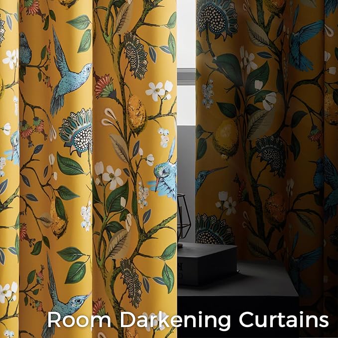 Topfinel 60 Inches Long Custom Mustard Yellow Luxury Curtains for Living Room Bedroom, Blackout Vintage Victorian Curtains Floral Lemon Hummingbird Printed Grommet Drape 60 Inch Length