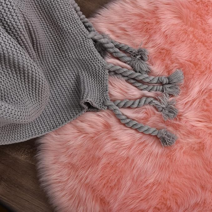 ORINOVA Pink Washable Fluffy Round Rugs for Bedroom Girls Shag Faux Sheepskin Fuzzy Fur Rugs for Living Room Circle Area Rug for Kids Round Rug 5ft