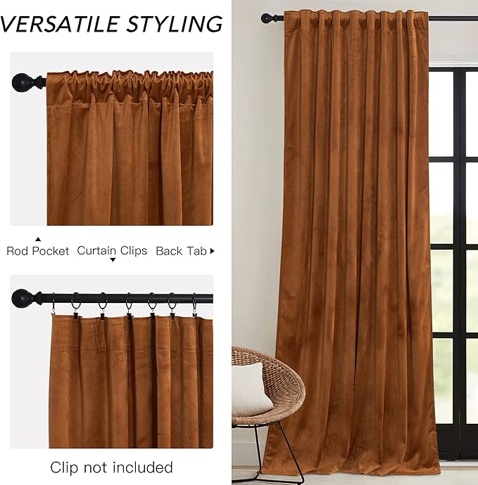 RYB HOME Velvet Curtains 96 inch, Room Darkening Window Curtains for Living Room Thermal Insulated Privacy Backdrop with Back Tab Loop for Bedroom, Golden Oak, W52 x L96 inch, 2 Panels