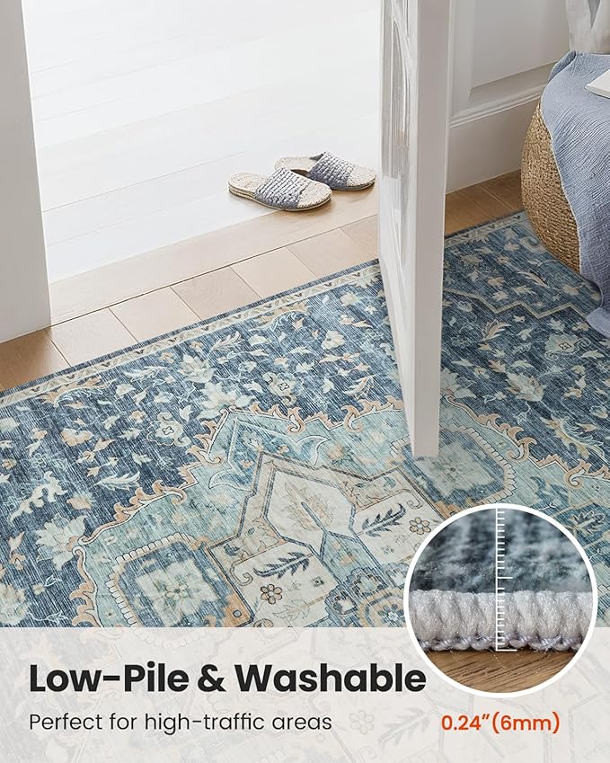 AMADA HOMEFURNISHING 8x10 Washable Area Rug, Low-Profile Large Area Rug with Non-Slip Backing & Durable Edge Binding, Vintage Large Rugs for Living Room, Bedroom, Dinning Room