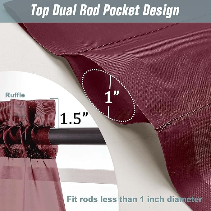 Burgundy Sheer Curtains 120 Inches Long 2 Panels, Extra Long Light Filtering Modern Window Curtains for Sliding Glass Door, Rod Pocket Voile Drapes for Living Room Bedroom, 2x42Wx120L Inches