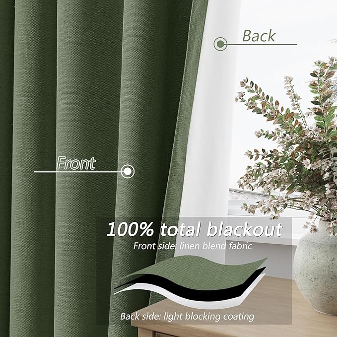 Guken Olive Green 100% Blackout Curtains 84 Inch Length 2 Panels Set for Living Room Bedroom Back Tab Thermal Insulated Black Out Linen Drapes Room Darkening Window Curtains 84 Inches Long