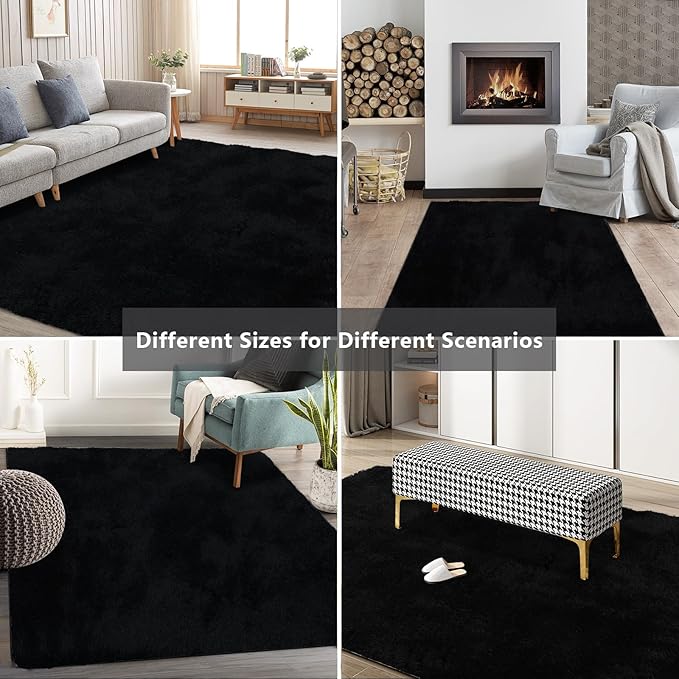 Shag Area Rugs for Bedroom Living Room,4X6 Ultra Soft Fluffy Area Rugs for Dorm, Indoor Carpet Nursery Rugs for Kids Room Home Decor,Black