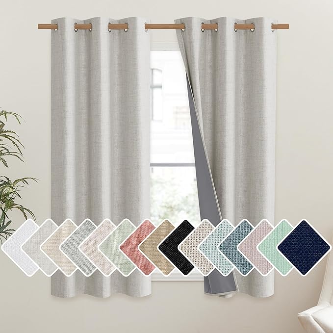 NICETOWN Snowbound Vintage Linen 100% Blackout Curtains for Classroom, Thermal Insulated Curtains 63" Long, Noise Reducing Window Treatment Drapes for Gym Room, 42" Wide Per Panel, Set of 2