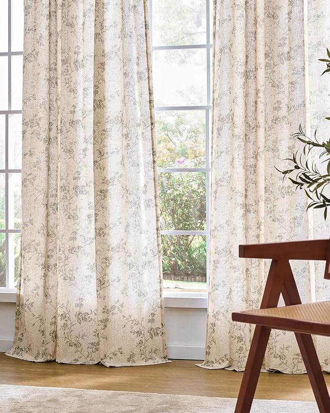 Lazzzy Farmhouse Linen Curtains Extra Long Gray Floral Curtains 108 Inch Long Back Tab Drapes for Living Room Bedroom Light Filtering Country Vintage Rod Pocket, 2 Panels, Grey on Beige