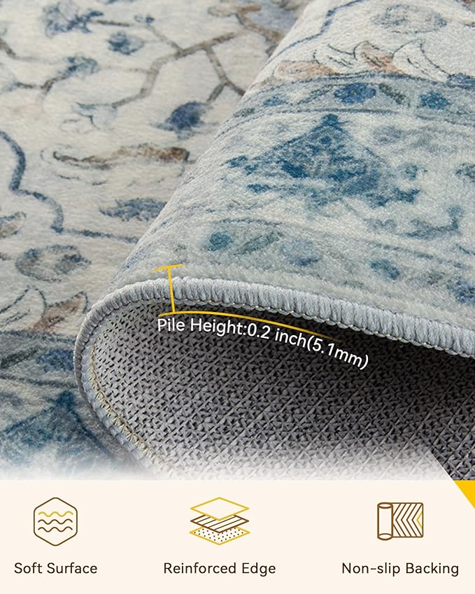 Area Rugs 6'x9' Washable Non-Slip, Floral Vintage Distress Print Pattern Medallion Carpet for Living Room Bedroom Dining Room, Light Blue Navy Beige Gray White