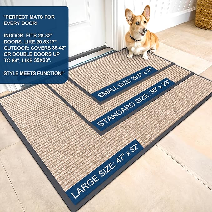 OLANLY Front Door Mat Indoor Outdoor Entrance, 2-Pack 33 x 21 Inch, Waterproof Heavy Duty Doormat, Fade Resistant, Low Profile, Easy Clean Patio Porch Welcome Floor Mats for Entry, Beige