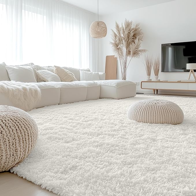 OLANLY 9x12 Machine Washable Large Area Rugs for Living Room, Bedroom, Soft Fluffy Shaggy Bedside Rug, Indoor Floor Carpet for Kids Girls and Boys, Dorms, Nursery, Home Decor Aesthetic, Ivory