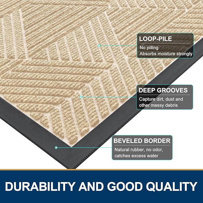 Smiry Half Circle Front Door Mat Outside Entrance, Heavy Duty Sturdy Natural Rubber Doormat, Trap Dirt and Moisture, Low Profile Mats for Indoor Outdoor Entry, Irregular Triangle (47x32, Beige)