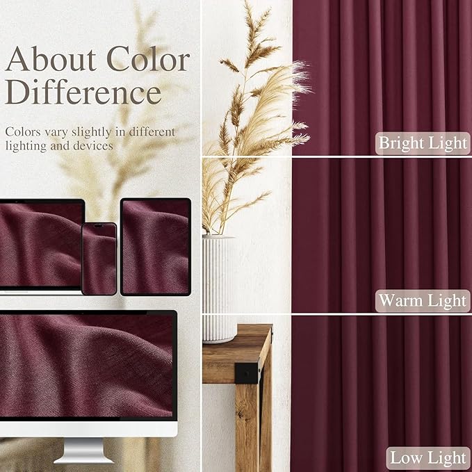 Nanspring Burgundy Linen Curtains 80 Inch Length for Living Room Light Filtering Semi Sheer Curtain Back Tab Vintage Boho Decor Elegant Luxury Drapes for Bedroom Dinner Room 52x80, 2 Panels