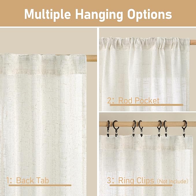 LAMIT Extra Wide Linen Curtains for Bedroom, Cream Light Filtering Faux Linen Textured Panels Semi Sheer Back Tab and Rod Pocket Boho Drapes for Living Room, 2 Panels, 60 x 84 Inch